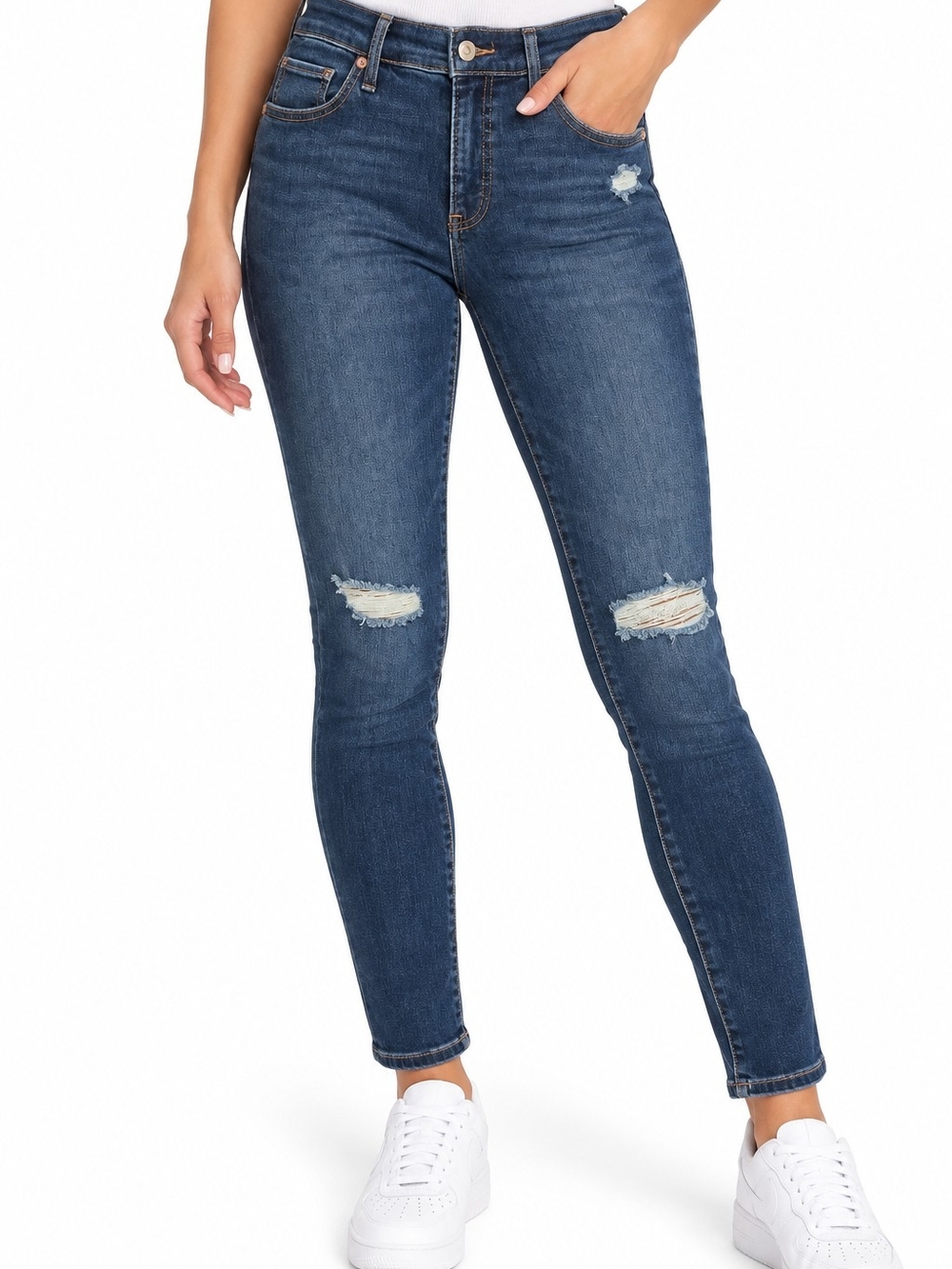 Express Dark Blue Distressed Mid-Rise Skinny Jeans
